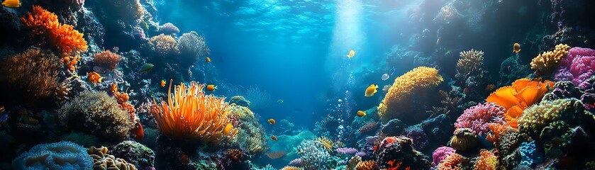 Fototapeta premium Vibrant Underwater Coral Reef Scene with Colorful Fish and Sunlight Photo