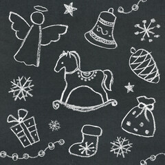 Christmas seamless pattern on a black background. Chalk drawing.