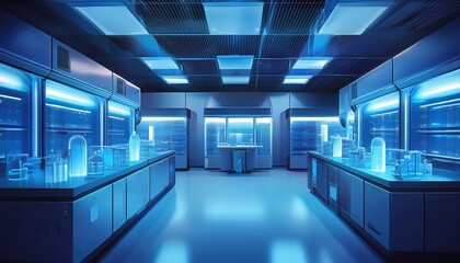 Modern futuristic laboratory with blue neon lights, representing advanced scientific research and high-tech innovation. Ideal for sci-fi themes,
