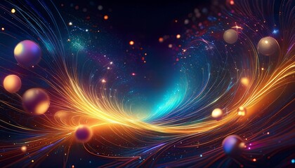 Colorful neon abstract design with swirling particles, representing digital technology and cosmic energy. Ideal for tech branding, digital artwork