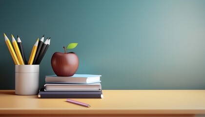A red apple on a stack of textbooks on a school desk in a classroom with a blackboard and chalk