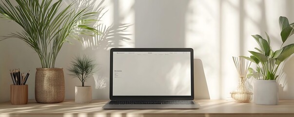 Laptop on Desk with Plants, Sunlight, and Shadows - Illustration