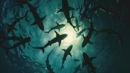 Fototapeta premium A school of sharks swimming in a circle around sunlight