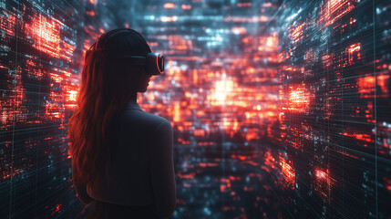 Transparent holographic interface with floating icons, data displays, and advanced tech elements.