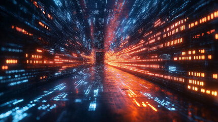 Fototapeta premium Streams of binary code and digital data flowing dynamically across the screen with a techy effect.