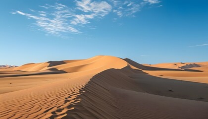 The vast sand dunes and the blue sky complement each other, showing the tranquility of the desert.