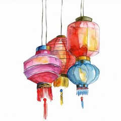 watercolor painting of traditional Chinese lanterns hanging in Chinatown, on isolated white background