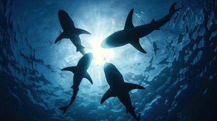 Silhouettes of Sharks Swimming Towards the Sun