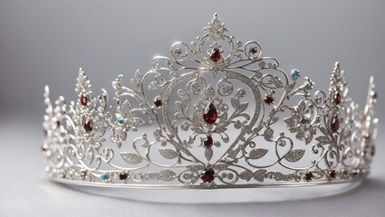silver crown with a delicate design and blue gemstones.