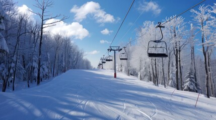 Ski Lift Ascending Through Snowy Forest on a Sunny Day