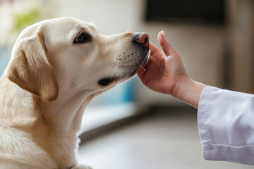 Close up of veterinarian doctor's hand gently touching golden retriever's face in vet clinic, pet dog healthcare concept
