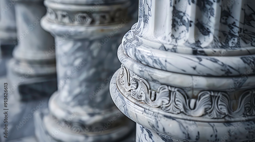 Poster close up of a marble column with intricate details and a smooth surface, with other columns blurred 