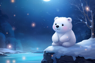 A cute baby ice bear in a snow landscape, with falling stars, sitting behind a river, snow capped on tree, cartoon, anime art