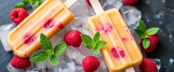 Raspberry and Mango Popsicles on Ice.