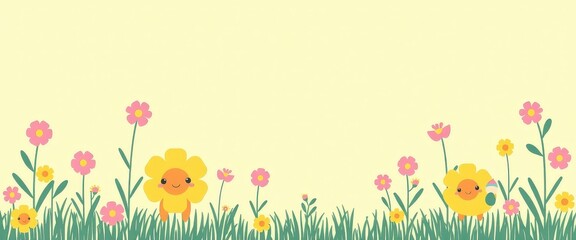 Cute cartoon flowers in a green meadow with copy space.