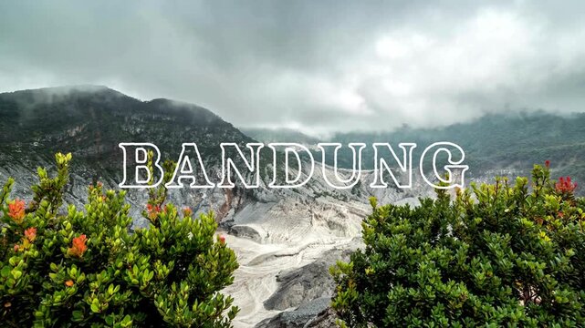 Landscape video with the text "Welcome to Bandung" written in white on a beautiful timelapse view of Mountains around Tangkuban Perahu, Bandung, West Java, Indonesia as video background