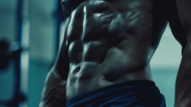 Close-up of the abdominal muscles young man athlete in gym.