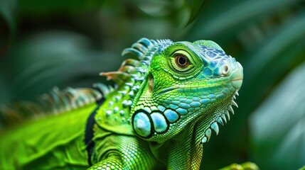 Fototapeta premium Close-up of a Green Iguana with its Head Turned to the Side