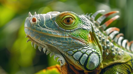 Fototapeta premium Close-up of a Green Iguana's Face with a Focus on its Eye