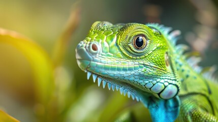 Fototapeta premium Close-up Portrait of a Green Iguana with Blue Scales