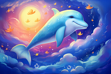 A cute dolphin with moon and rainbow, in a starry night, at a whimsical sea, cartoon, anime art