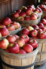 Fresh red apples stacked in wooden baskets, showcasing vibrant color and natural beauty for a rustic market view.