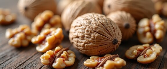 Fototapeta premium Closeup of Whole Walnuts and Shelled Walnut Kernels.