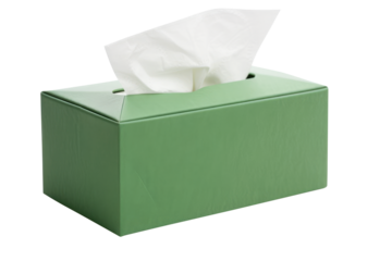 A green tissue box with white tissue paper isolated on transparent white background, clipping path