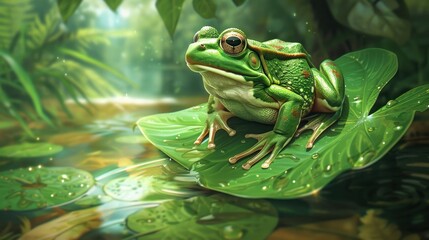 Obraz premium Green Frog on a Lily Pad