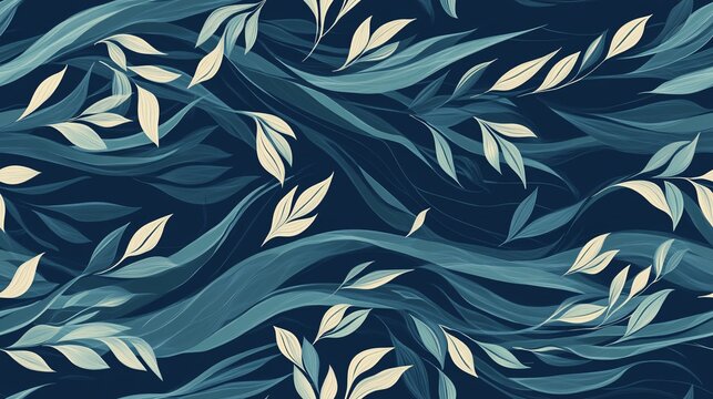 This seamless pattern includes a deep sea atmosphere with gentle waves and soft seaweed, rendered in a minimalistic style. The subtle underwater hues create a tranquil and calming effect, while the