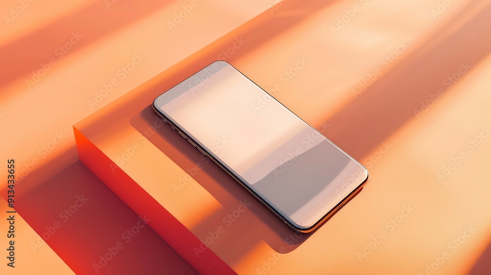 Poster a black smartphone lays on a light brown surface with a dark brown rectangular shape in the lower le
