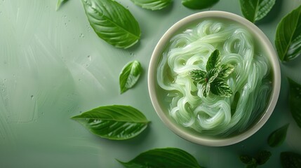 Obraz premium Fresh Green Noodles in a Bowl with Basil Leaves on a Green Background - Healthy and Vibrant Food Concept