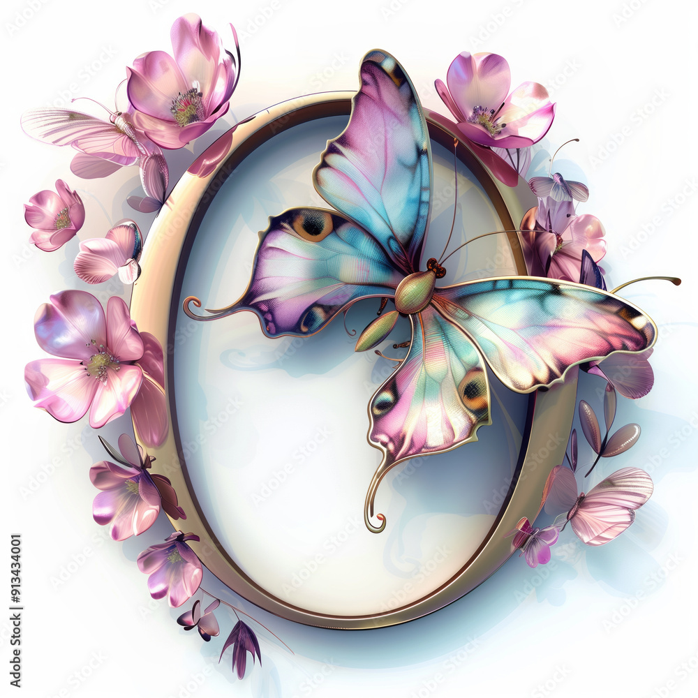 Sticker Butterfly with flower Alphabet, written O, 3d illustration, on white background