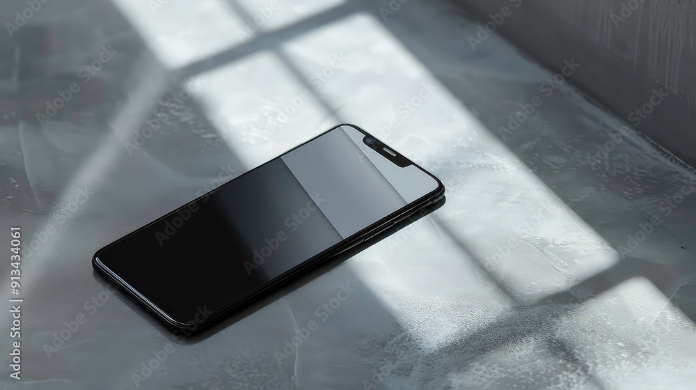 Poster a black smartphone lies on a light grey surface with a textured finish. it's in the shade of a windo