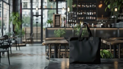 A black tote bag sits on a black table in a modern cafe with large windows and plants.
