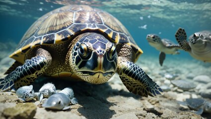  a turtle with a brown, black, and yellow shell swimming underwater.