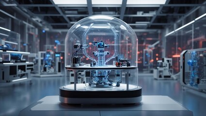 a futuristic lab with a robot in a glass dome, surrounded by other robots and machinery.