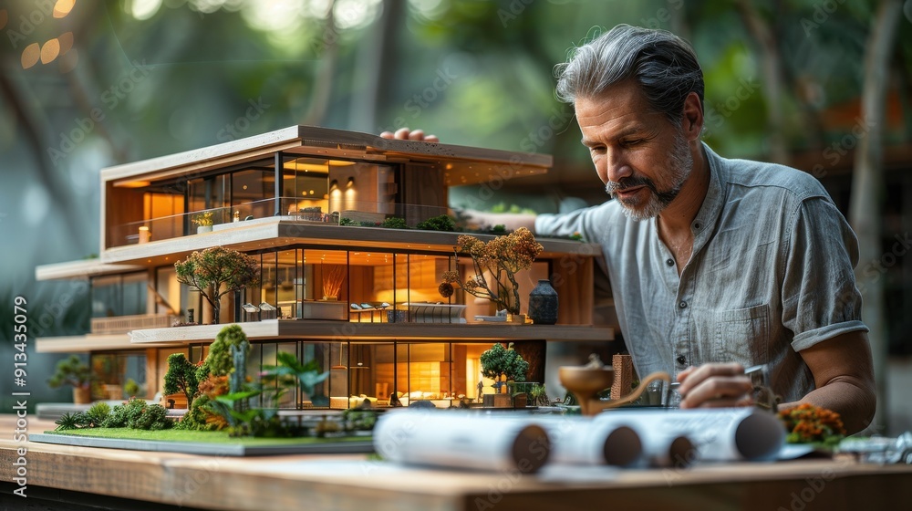 Poster architect working on modern building model. architect focuses on a modern building model, meticulous