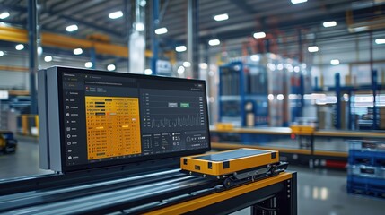 Warehouse Automation System with Data Dashboard. Logistic software dashboard displayed on a monitor in an automated warehouse, showing real-time data and analytics.