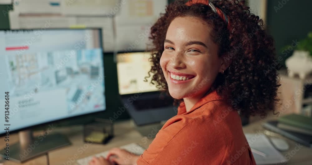 Poster Computer, office and face of woman for web design with user interface, online site and programming. Developer, creative agency and happy person with digital tech for planning, website and portrait