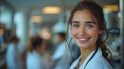 Obraz premium Smiling Female Doctor in Hospital Corridor. Female doctor smiling warmly in a hospital corridor, symbolizing care and professionalism in the medical field.