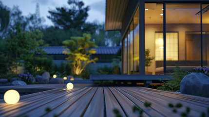 スタイリッシュな木造デッキと微妙な景観照明を備えた現代的な郊外の家