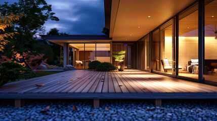 スタイリッシュな屋外用家具と微妙な景観照明を備えた現代的な郊外の家