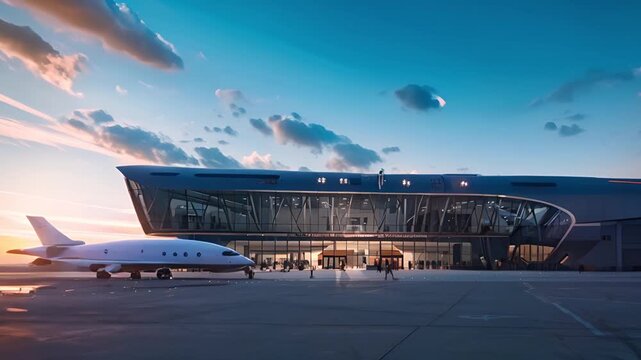 Private Jet and Modern Terminal Building at Sunset