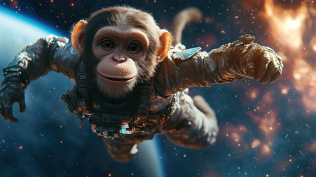 An astronaut monkey drifts weightlessly in outer space with a breathtaking view of distant planets and nebulae The image showcases the monkey in a space suit adding an element of fun and imagination
