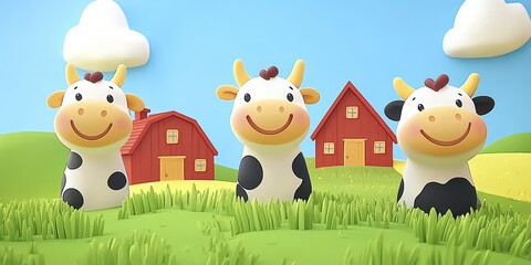Cute Cartoon Cows in Sunny Farm Landscape with Red Barns, Green Grass, and Blue Sky with White Clouds; Kid-Friendly Illustration