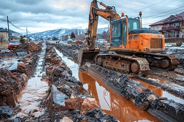 Fototapeta premium Excavator leveling ground at construction site for foundation preparation in panoramic view