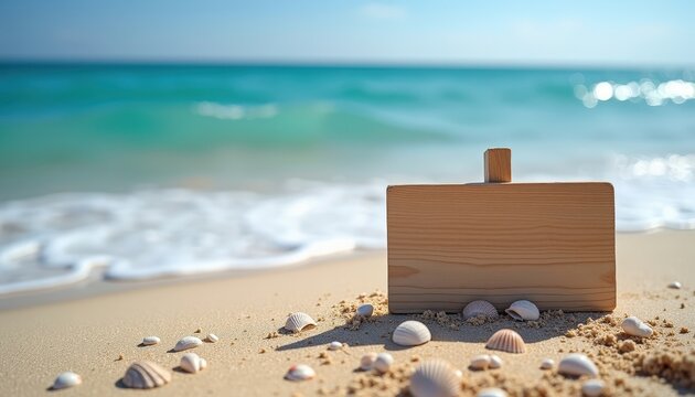 Wooden Sign on Sandy Beach with Seashells.