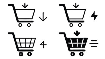 A set of nine shopping cart icons, featuring different styles and elements, including arrows, numbers, and lightning bolts.