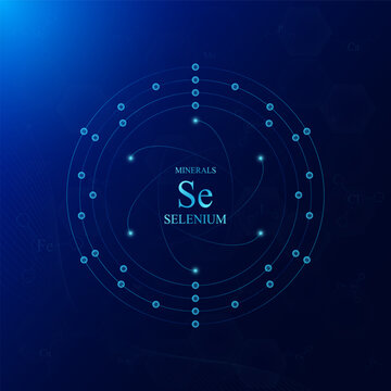 Molecular model atom chemical structure of selenium minerals. On dark blue background. Medical scientific concepts. Vector EPS10 illustration.